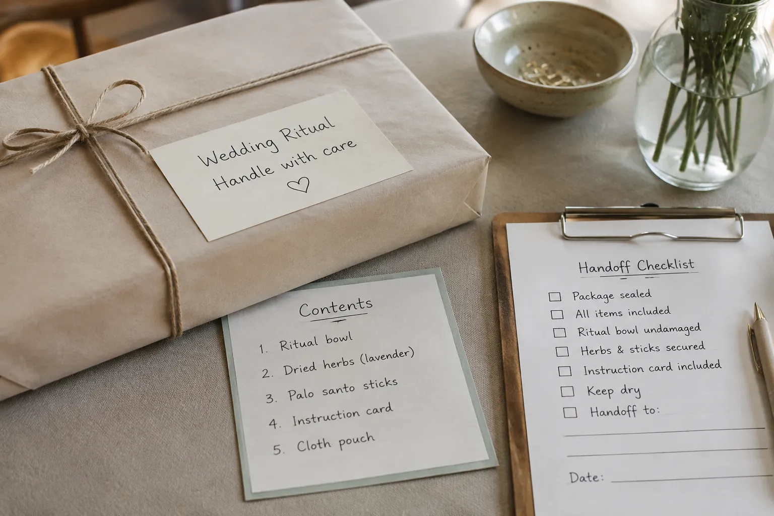 Labeled package and checklist prepared for a wedding ritual object handoff
