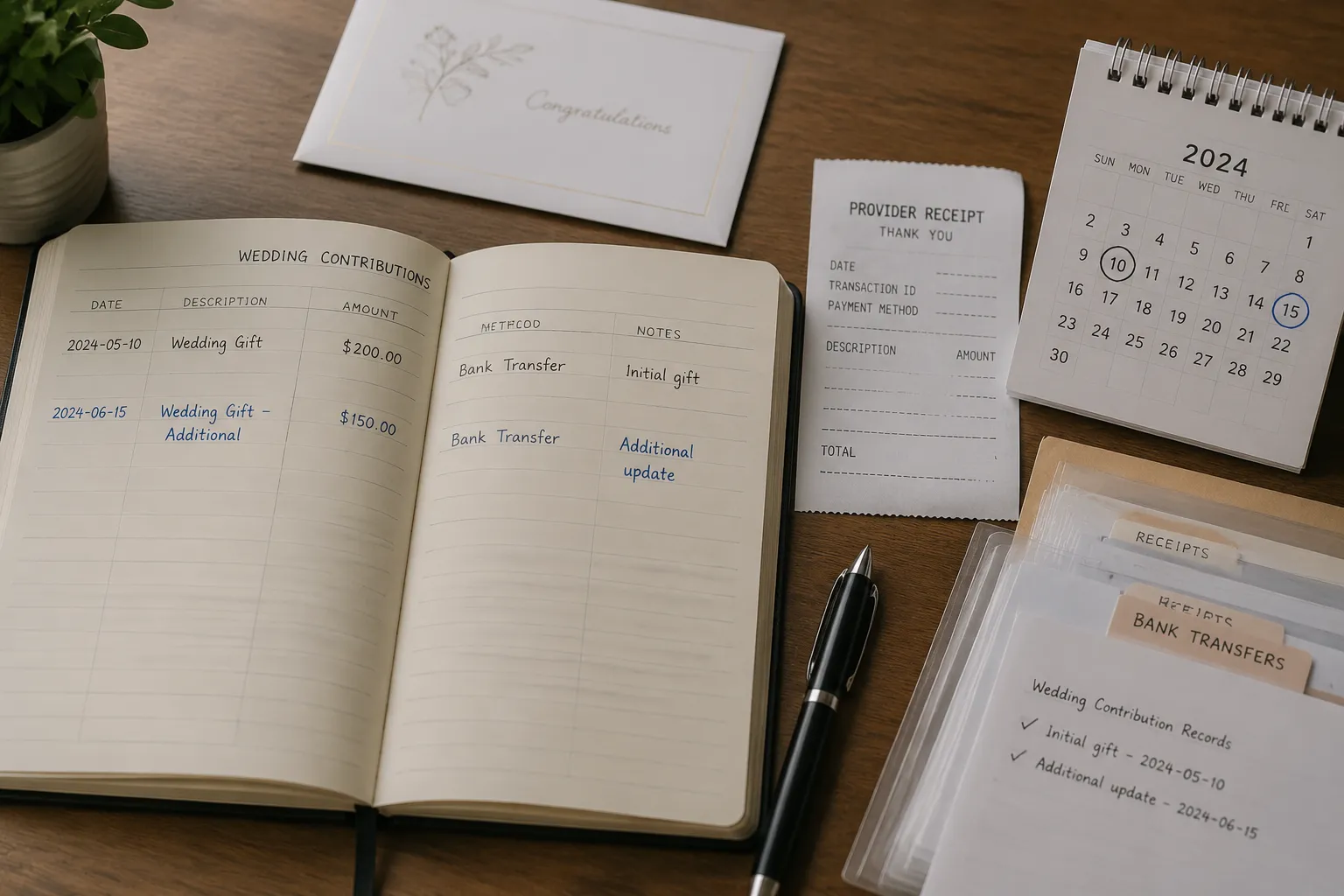 Dated wedding budget update beside an earlier contribution entry and provider receipt