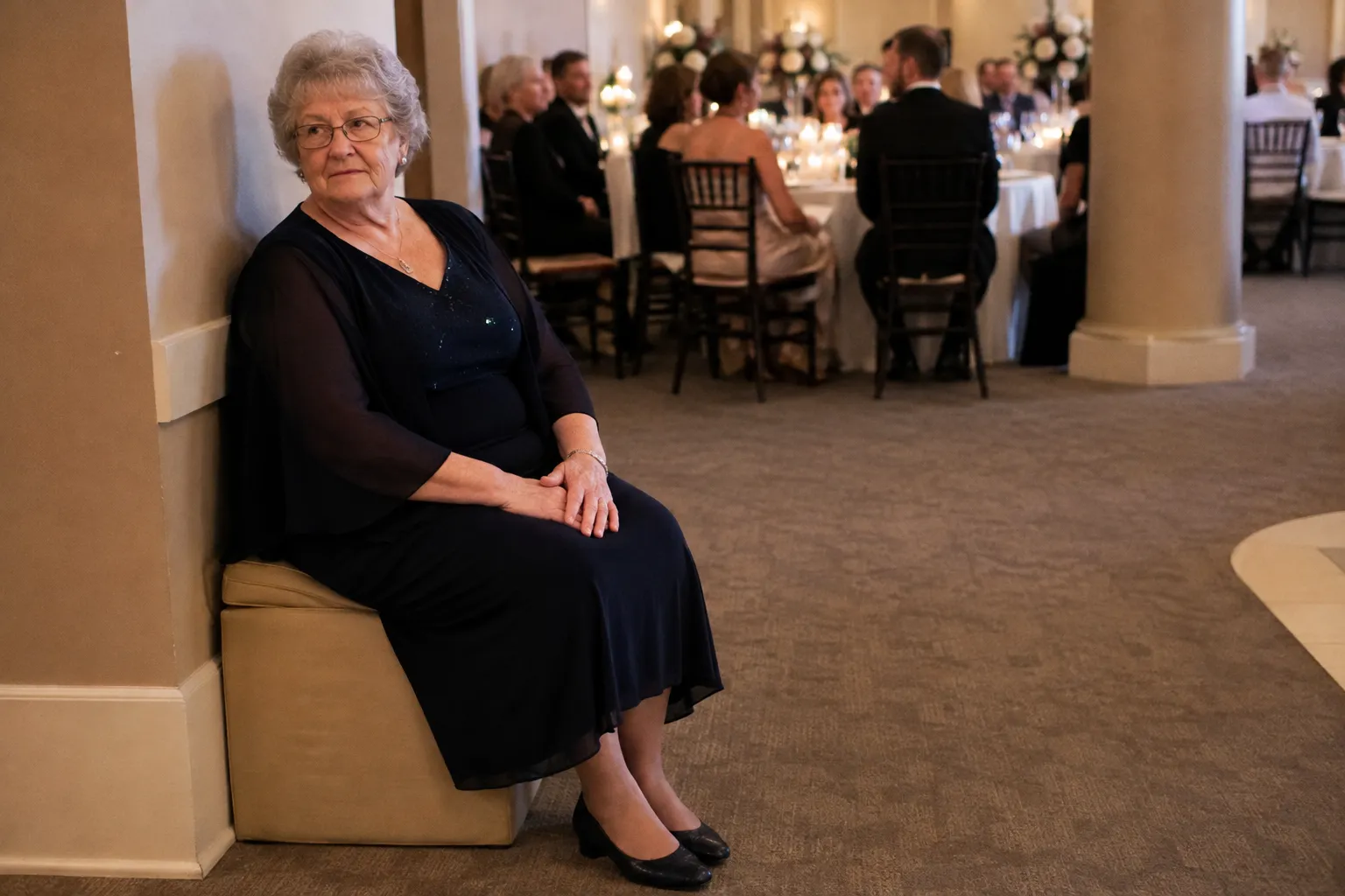 Older wedding guest taking a comfortable break near a reception seating area