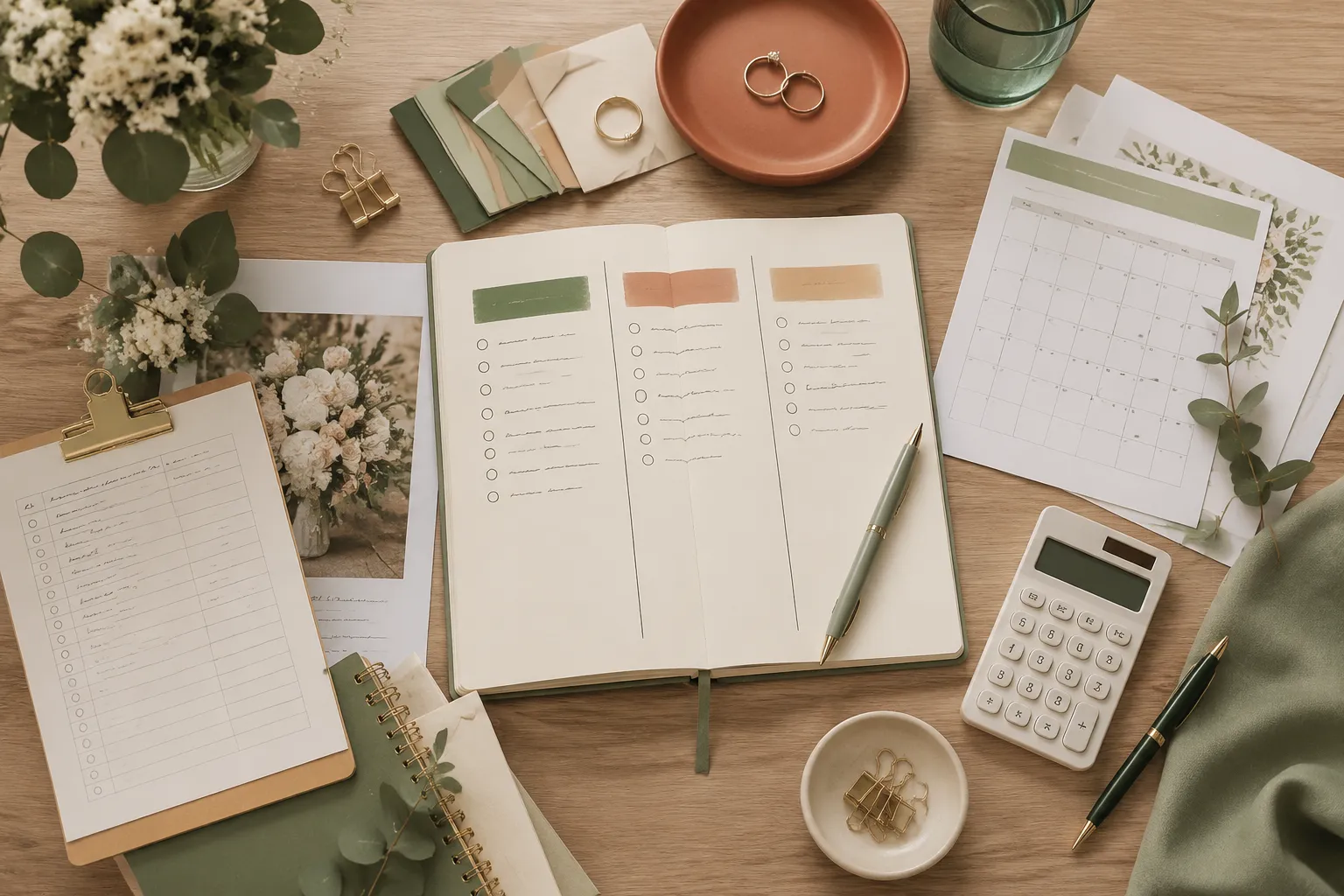 Wedding planning notebook with priorities, calendar, guest notes, and pens on a table