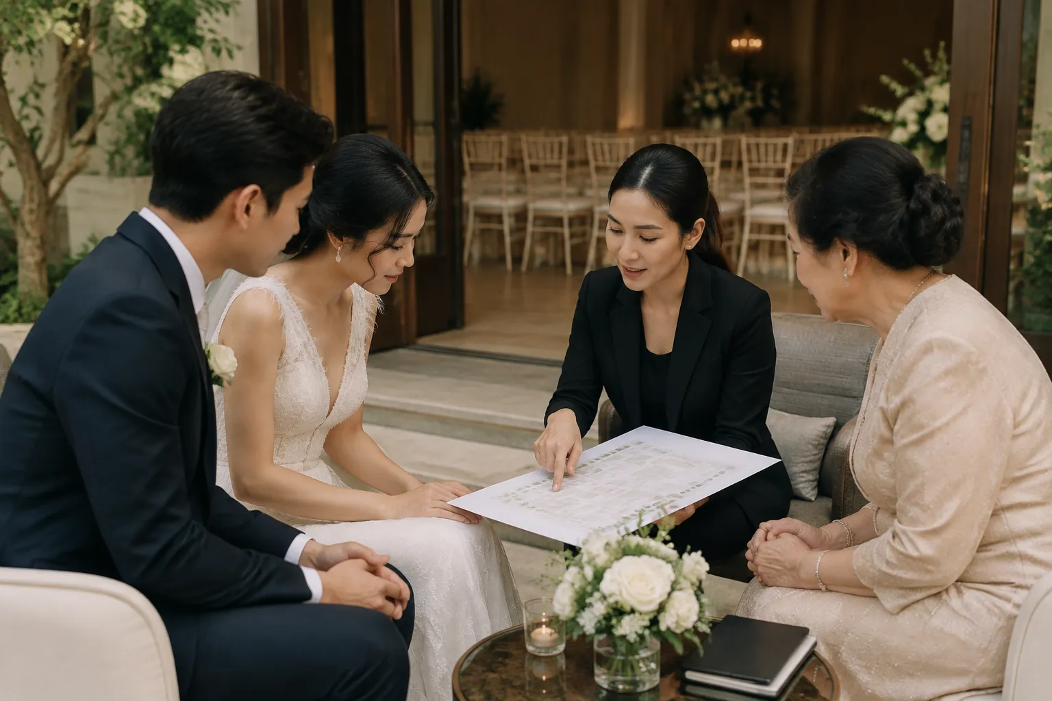 Wedding planning team reviewing a clear route and role schedule with an older family member