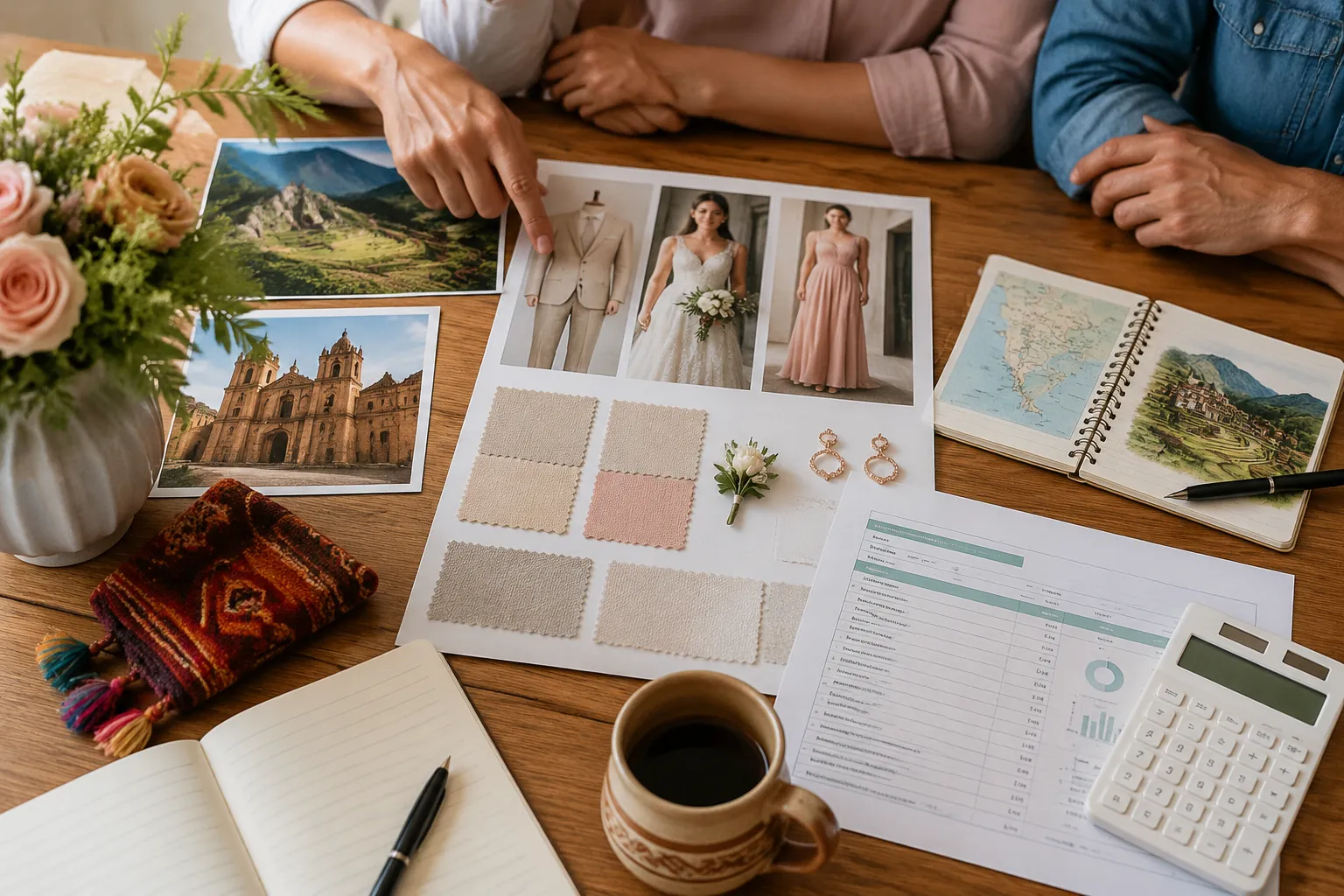 Wedding party attire and travel notes arranged for a family planning discussion