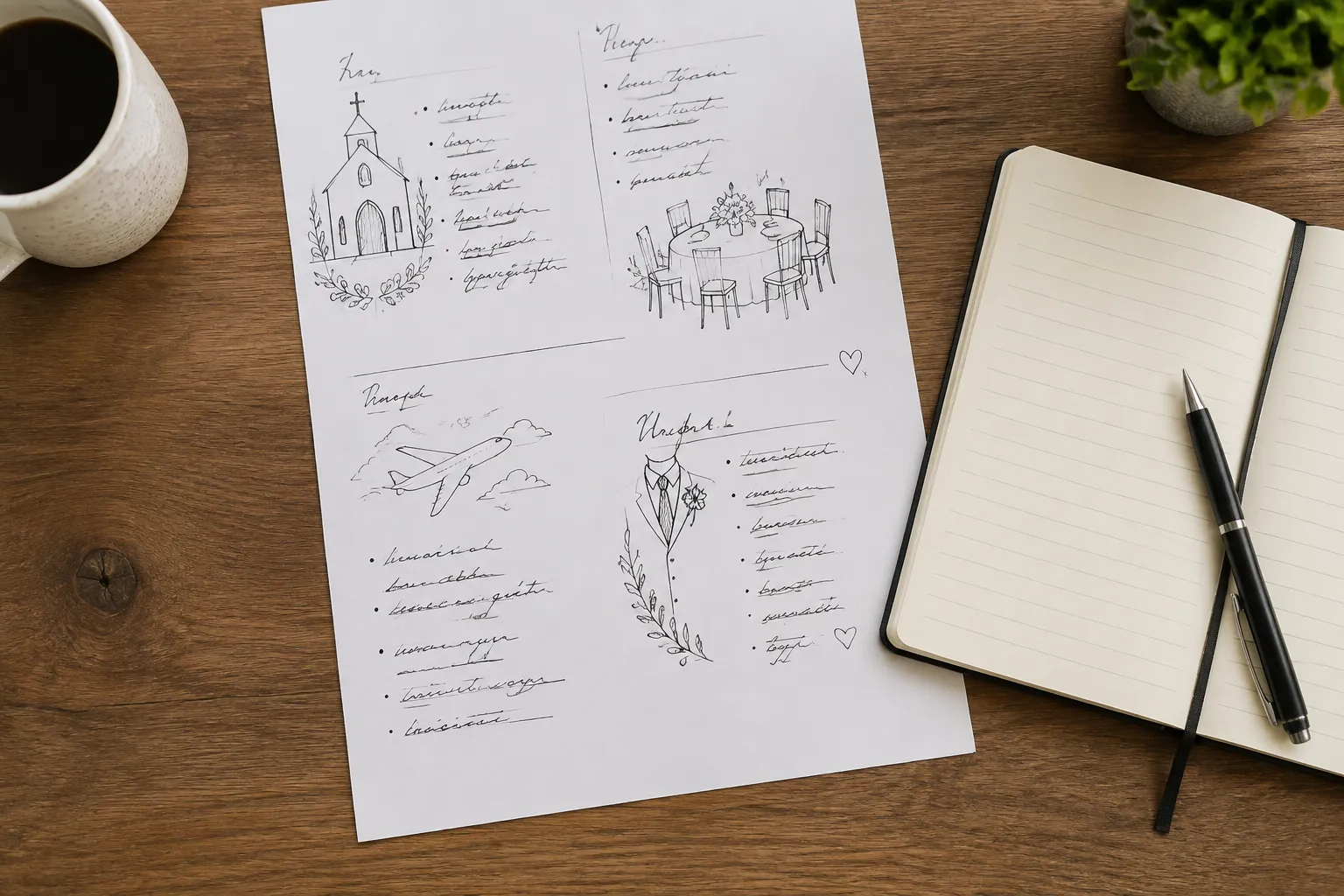 Wedding planning notes showing ceremony, reception, travel, and role details for padrinos and madrinas