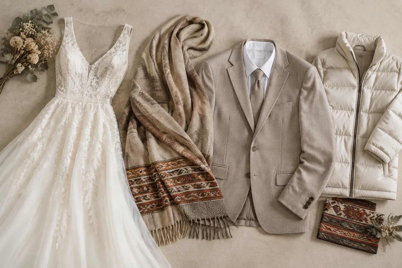 Formal wedding attire arranged with a shawl, tailored jacket, and compact weather layer
