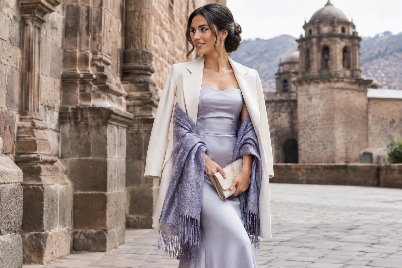 Polished wedding guest outfit with a removable wrap and tailored outer layer in Cusco