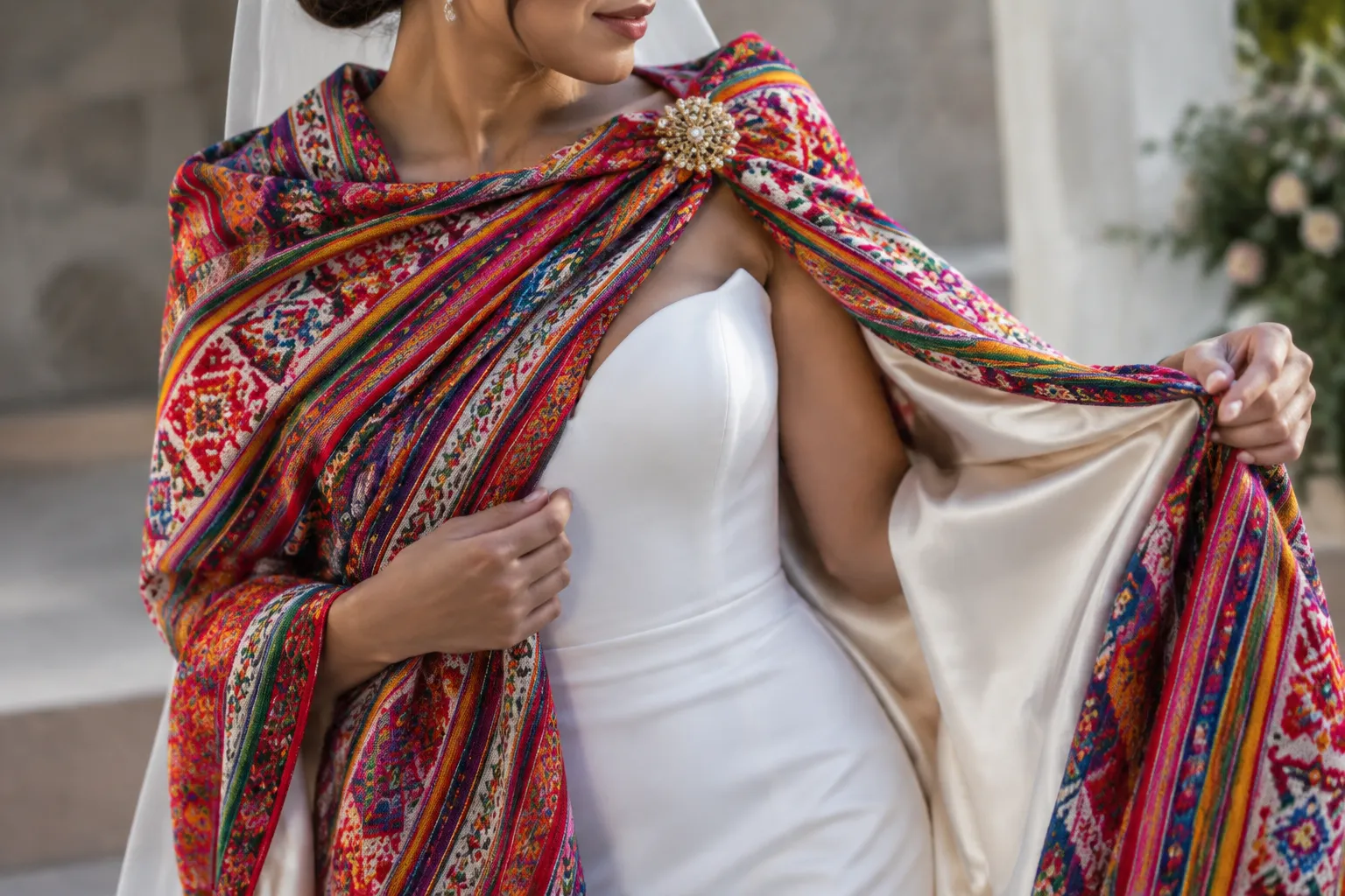 Textile drape, fastening, and movement considerations for a wedding outfit