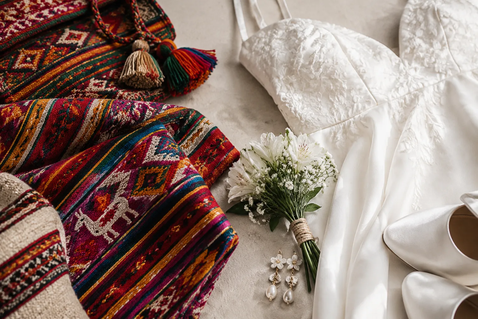 Peruvian textile details prepared for wedding attire planning